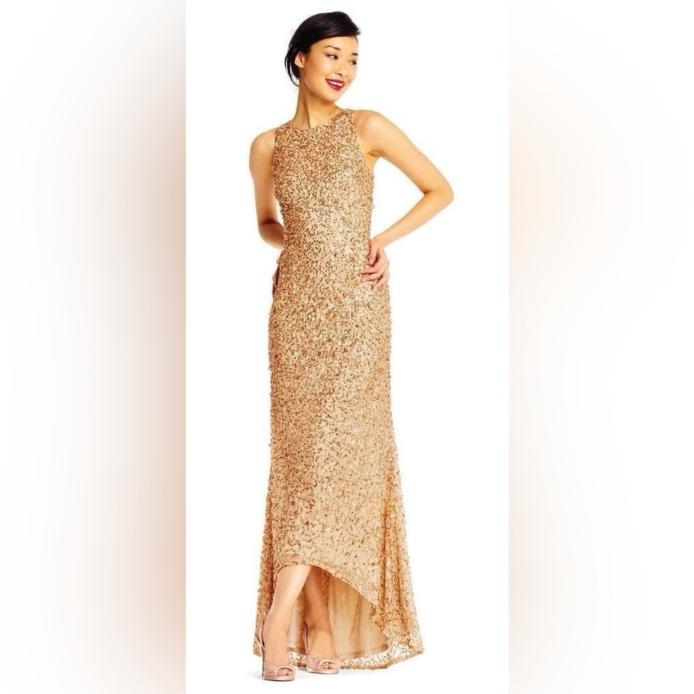 Adrianna Papell Gold Sequin Sleeveless Maxi Dress High Low Sz 12 EUC